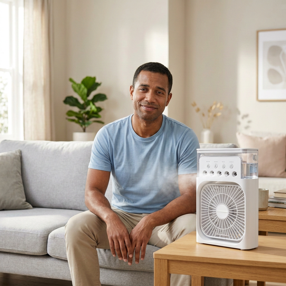 After: relaxed person beside your desktop misting fan